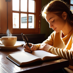 **

A person sitting comfortably with a journal in a cozy cafe, sunlight streaming through the window, writing reflections about their day. Soft, warm lighting, creating a feeling of introspection and peace. Focus on the expression of contentment and self-awareness. Include a "café con leche" on the table.

**