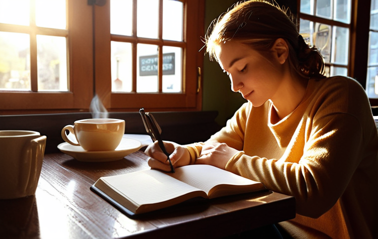 **
A person sitting comfortably with a journal in a cozy cafe, sunlight streaming through the window, writing reflections about their day. Soft, warm lighting, creating a feeling of introspection and peace. Focus on the expression of contentment and self-awareness. Include a "café con leche" on the table.
**