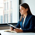 A professional individual, fully clothed in modest business attire, sits at a clean, modern desk, gently holding a closed journal with a thoughtful expression. Soft, warm light illuminates the scene, suggesting introspection and self-discovery. A subtle, abstract representation of an internal compass or map is subtly integrated into the background, symbolizing inner guidance. The atmosphere is calm and focused, with a sense of personal growth. Safe for work, appropriate content, perfect anatomy, correct proportions, natural pose, well-formed hands, proper finger count, natural body proportions, professional photography, high quality.