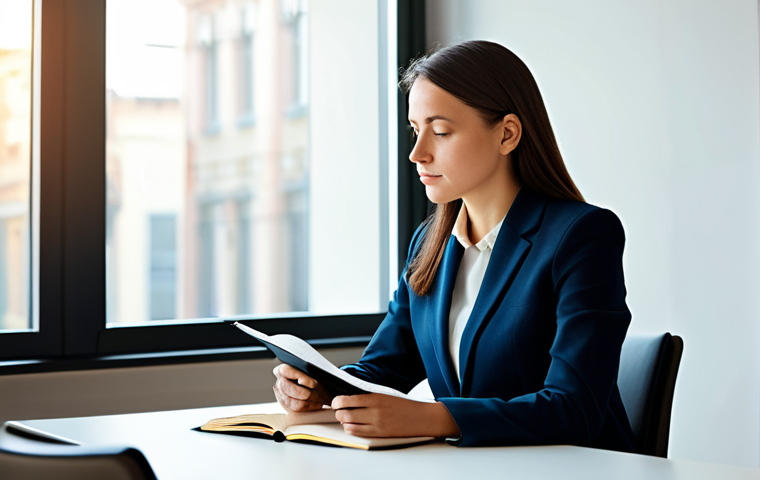 A professional individual, fully clothed in modest business attire, sits at a clean, modern desk, gently holding a closed journal with a thoughtful expression. Soft, warm light illuminates the scene, suggesting introspection and self-discovery. A subtle, abstract representation of an internal compass or map is subtly integrated into the background, symbolizing inner guidance. The atmosphere is calm and focused, with a sense of personal growth. Safe for work, appropriate content, perfect anatomy, correct proportions, natural pose, well-formed hands, proper finger count, natural body proportions, professional photography, high quality.