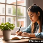 Home 20 긍정적 정체성을 위한 목표 달성의 단계 - A young Hispanic woman sitting at a cozy wooden desk by a window with morning sunlight streaming in,...